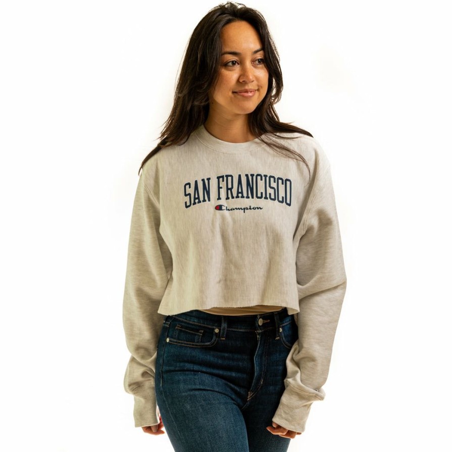 Women * | Champion San Francisco Crop Crewneck Sweatshirt Bargain Sale Silver Grey