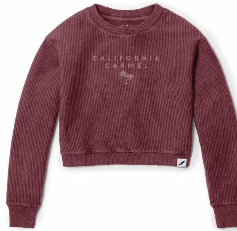 Women * | Womens Crop Ribbed Carmel Crewneck Sweatshirt Latest Maroon