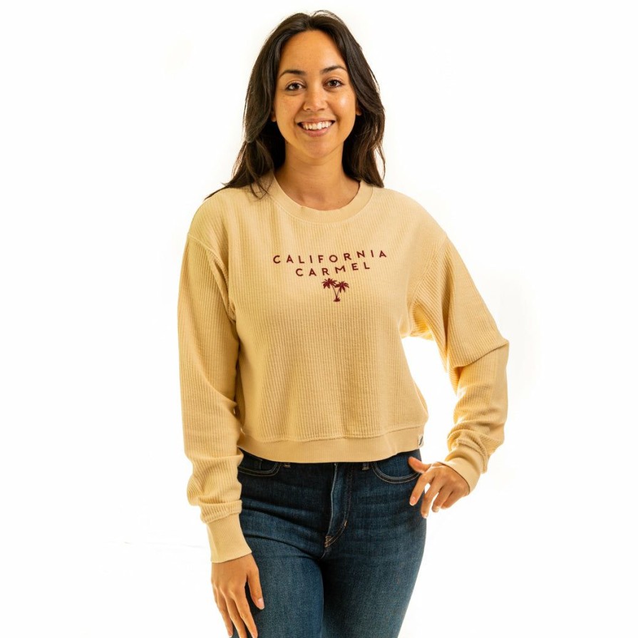 Women * | Womens Crop Ribbed Carmel Crewneck Sweatshirt Cheap Online Vanilla