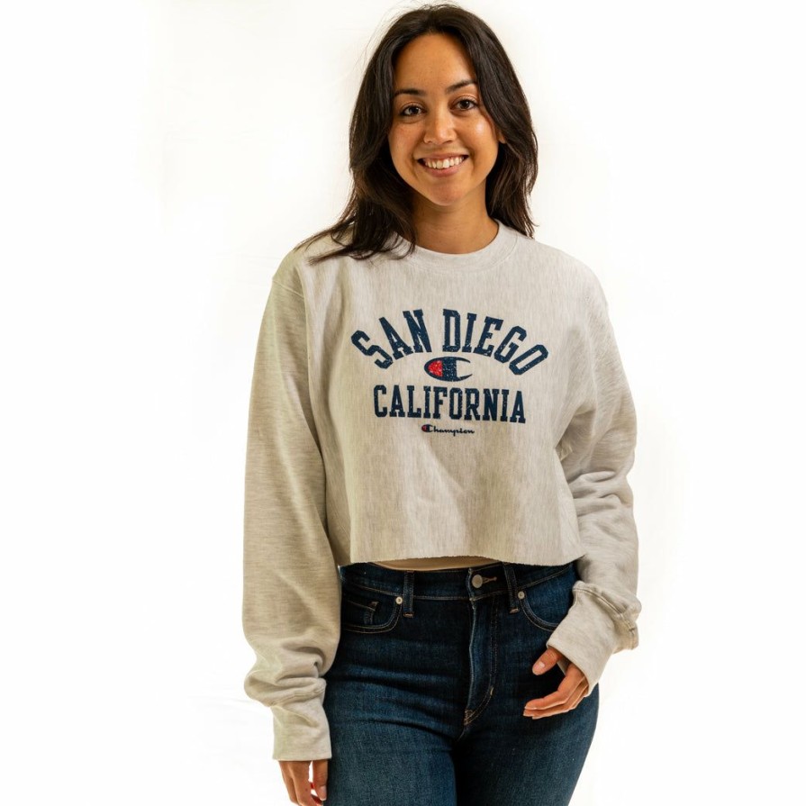 Women * | Champion San Diego Crop Crewneck Sweatshirt New Threads Silver Grey