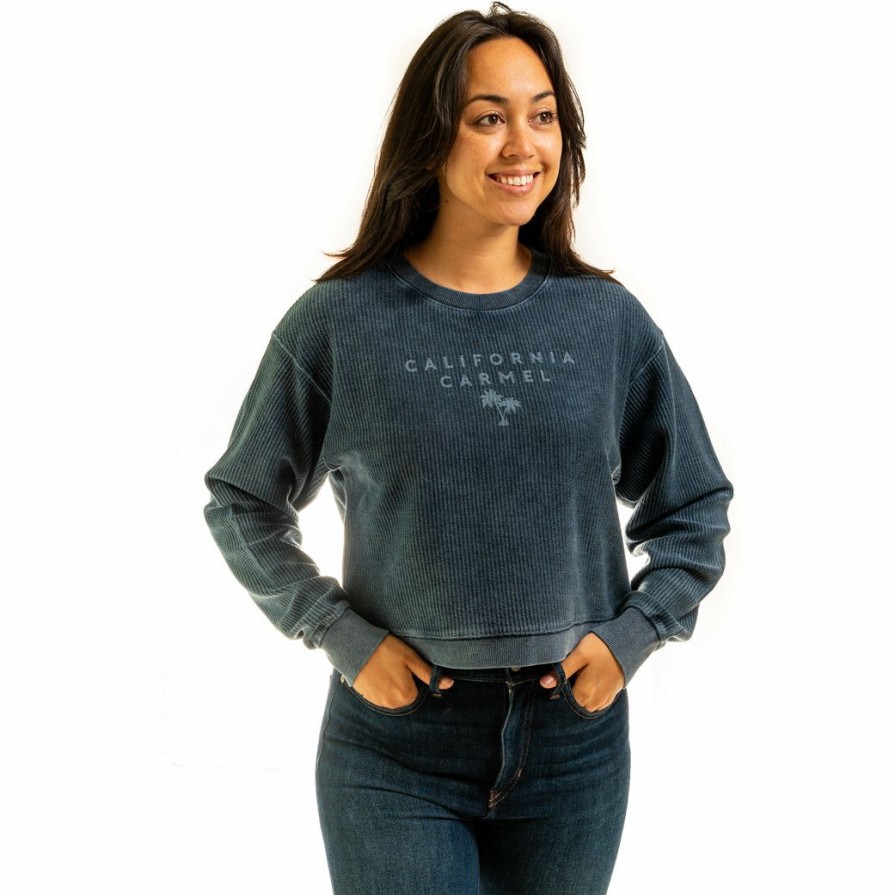 Women * | Womens Crop Ribbed Carmel Crewneck Sweatshirt Sale Online Denim