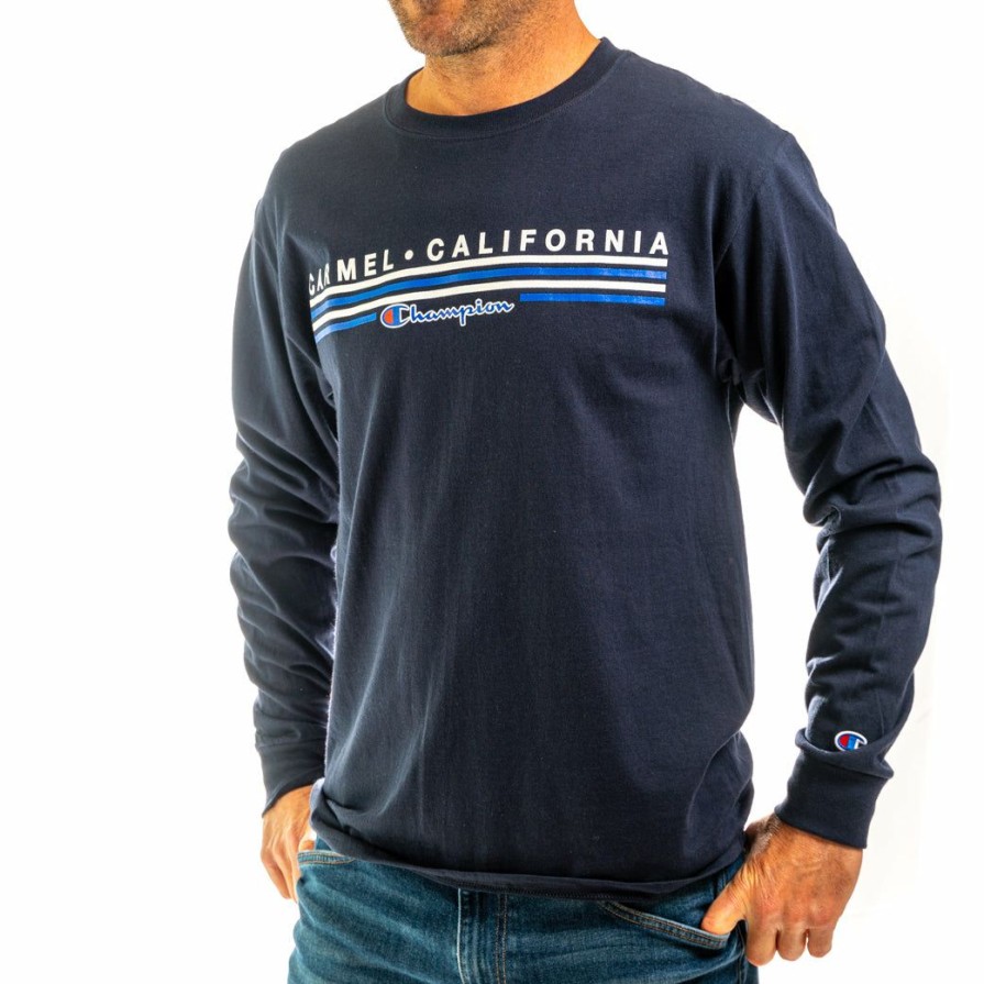 Men * | Champion Carmel Striped Long Sleeve T-Shirt Best-Selling Navy